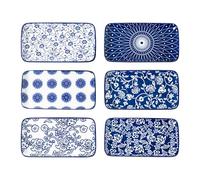 Cerkik Rectangle Serving Platter Set - 21 cm Ceramic Dinner Plates Rectangular Serving Trays for Sushi Salad Dessert Pasta Appetizer - Oven Microwave Dishwasher Safe - Set of 6 - Vintage Blue