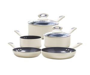 Cermalon Matt Cream 5-Piece Ceramic Cookware Set - Includes 2X Frying Pans and 3X Saucepans with Grey Sparkle Ceramic Non-Stick Coating - Compatible for All Types of Hobs - PTFE and PFOA Free