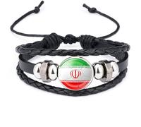 Cernomal Iranian National Flag Bracelet - Glass Pattern Pendant Adjustable Leather Bangle,Football Lover Wristband Accessories Patriot Charm Jewelry For Traveling Gifts,Black,Long:21Cm