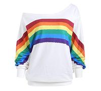 Cerobit Women Loose Long Sleeve Rainbow Print Pullover Blouse Sweatshirt Hoody Plus Size Clothes White, XL