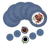 Cerolopy 12Pcs Round Place Mats Set of 6, Durable Nordic Style Hemp Cotton Threaddining Placemats for Home Kitchen, Dining Table, Outdoor, Christmas Party(6 Placemats+6 Coasters, Blue)