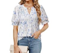 Cerrlop Women's Blouse with Broderie Embroidery Elegant V-Neck Top Loose Top Short Sleeve Tunic Casual Blouse Shirt Casual Look, BLUE FLOWERS, M