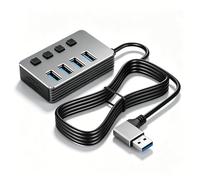 CERRXIAN 90 Degree Left Angle Aluminum 4 Port USB Hub 1.5M Long Cable, USB 3.0 High Speed Port + 3 USB 2.0 Ports with Independent LED Indicators, USB Splitter with Type-C 5V Power Port