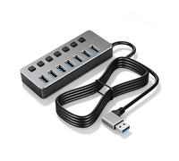 CERRXIAN 90 Degree Left Angle Aluminum 7 Port USB Hub 1.5M Long Cable, USB 3.0 High Speed Port + 6 USB 2.0 Ports with Independent LED Indicators, USB Splitter with Type-C 5V Power Port