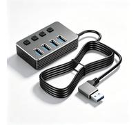 CERRXIAN 90 Degree Right Angle Aluminum 4 Port USB Hub 1.5M Long Cable, USB 3.0 High Speed Port + 3 USB 2.0 Ports with Independent LED Indicators, USB Splitter with Type-C 5V Power Port