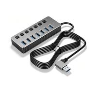 CERRXIAN 90 Degree Right Angle Aluminum 7 Port USB Hub 1.5M Long Cable, USB 3.0 High Speed Port + 6 USB 2.0 Ports with Independent LED Indicators, USB Splitter with Type-C 5V Power Port