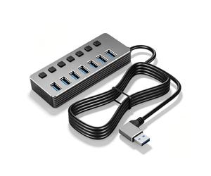 CERRXIAN 90 Degree Right Angle Aluminum 7 Port USB Hub 1.5M Long Cable, USB 3.0 High Speed Port + 6 USB 2.0 Ports with Independent LED Indicators, USB Splitter with Type-C 5V Power Port