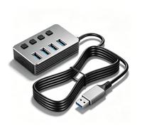CERRXIAN Aluminum 4 Port USB Hub 1.5M Long Cable, USB 3.0 High Speed Port + 3 USB 2.0 Ports with Independent LED Indicators, USB Splitter with Type-C 5V Power Port, Nickel-Plated Connectors