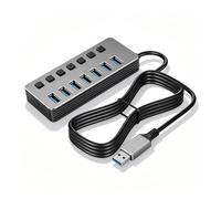 CERRXIAN Aluminum 7 Port USB Hub 1.5M Long Cable, USB 3.0 High Speed Port + 6 USB 2.0 Ports with Independent LED Indicators, USB Splitter with Type-C 5V Power Port, Nickel-Plated Connectors