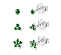 CERSLIMO 3 Pairs Silver Stud Earrings for Women Girls, Tiny Flower Earrings Set | Small Cubic Zirconia Helix Earrings Dainty Tragus Cartilage Trio Studs Cherry Blossom Ear Jewelry Gifts, Green