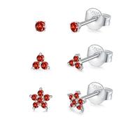 CERSLIMO 3 Pairs Silver Stud Earrings for Women Girls, Tiny Flower Earrings Set | Small Cubic Zirconia Helix Earrings Dainty Tragus Cartilage Trio Studs Cherry Blossom Ear Piercing Jewelry Gifts, Red