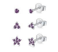 CERSLIMO 3 Pairs Silver Stud Earrings for Women Girls, Tiny Flower Earrings Set | Small Cubic Zirconia Helix Earrings Dainty Tragus Cartilage Trio Studs Cherry Blossom Ear Jewelry Gifts, Purple