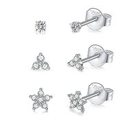 CERSLIMO 3 Pairs Silver Stud Earrings for Women Girls, Tiny Flower Earrings Set | Small Cubic Zirconia Helix Earrings Dainty Tragus Cartilage Trio Studs Cherry Blossom Ear Piercing Jewelry Gifts