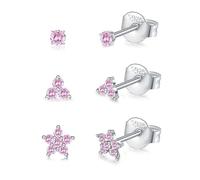 CERSLIMO 3 Pairs Silver Stud Earrings for Women Girls, Tiny Flower Earrings Set | Small Cubic Zirconia Helix Earrings Dainty Tragus Cartilage Trio Studs Cherry Blossom Ear Piercing Jewelry Gifts, Pink