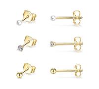 CERSLIMO 3 Pairs Sterling Silver Stud Earrings for Women Men Girls 2mm Tiny Round Cubic Zirconia Gold Stud Earrings Pearl Earrings Ball Earrings Set Cartilage Small Tragus Earrings for Sensitive Ears
