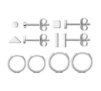 CERSLIMO 6 Pairs Sterling Silver Earrings for Women Girls, Silver Tiny Geometric Stud Earrings Set | Small Huggie Hoop Earrings Dot Triangle Square Bar Studs Mini Flat Dainty Cartilage Tragus Earrings