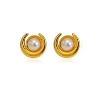CERSLIMO Gold Earrings for Women - Gold Moon Shape Pearl Studs, Hypoallergenic Earrings Womens Titanium Steel Chunky Stud Ear Jewellery Gifts for Daily Wear Birthday Christmas Anniversary