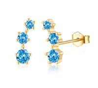 CERSLIMO Gold Stud Earrings for Women Girls - Mini Climber Earring with 3 Cubic Zirconia | S925 Sterling Silver Earrings, Hypoallergenic Gold Earrings Jewellery, Blue