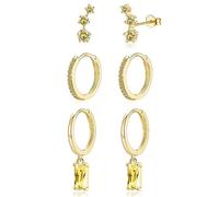 CERSLIMO Golden Earrings for Women - Sterling Silver Set of 3 with Topaz Cubic Zirconia | Climber Stud Hoops, 10mm Huggie Hoops, Drop Dangle Earrings, Yellow Gold
