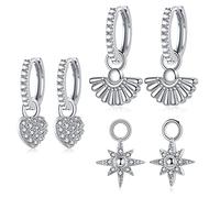 CERSLIMO Silver Dangle Hoop Earrings for Womens Girls - 2 Pairs Silver Earrings & 3 Pairs Silver Dangle Pendants | S925 Sterling Silver Earrings Heart Eight-pointed Star Sector Dangly Earrings Set