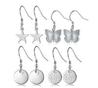 CERSLIMO Silver Drop Earrings for Girls Women - 4 Pairs Butterfly & Star & Round Dangle Earrings, Sterling Silver Dangly Earrings | Hypoallergenic Earring Jewellery Birthday Chritsmas Gifts