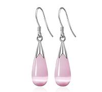 CERSLIMO Silver Drop Earrings for Women, Long Dangle Earrings with Pink Opal Stone | White Gold Plated Water Drop Dangly Earrings Jewellery Gifts for Christmas Birthday Teardrop Dangling Earrings