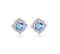 CERSLIMO Silver Earrings for Women - 14k White Gold Studs With Round Cubic Zirconia and Dainty Blue Crystal | Jewellery Set for Ladies, Girls - Wedding, Birthday, Christmas Gifts