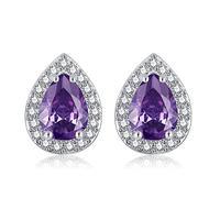 CERSLIMO Silver Earrings, Silver Diamante Teardrop Faux Diamond Post Halo Earrings with 3A Cubic Zirconia - Dainty Jewellery Birthstone Birthday Gifts, Feb.