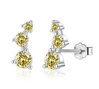 CERSLIMO Silver Stud Earrings for Women Girls - Climber Earrings with 3 Clear Cubic Zirconia CZ Stone, Sterling Silver Earrings | Hypoallergenic Earrings Jewellery Birthday Chritsmas Gifts, Yellow