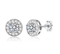 CERSLIMO Silver Stud Earrings for Women Girls, Round Faux Diamond Halo Earrings | Cubic Zirconia Diamante Earrings - Dainty Sparkly Big Stone 10mm Earrings Jewellery Christmas Birthday Gifts
