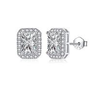 CERSLIMO Silver Stud Earrings for Women Girls, Round Faux Diamond Halo Earrings | Rectangle Cubic Zirconia Stud Earrings - Dainty Bridal Earrings Jewelry for Brides Bridesmaids Wedding