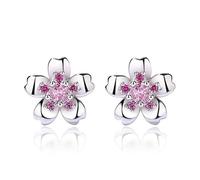 CERSLIMO Silver Stud Earrings for Women Girls, Silver Flower Earrings with Pink Cherry Blossom Cubic Zirconia | White Gold Hypoallergenic Jewellery Earrings Gifts for Gilrs Christmas Birthday