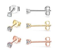 CERSLIMO Silver Stud Earrings for Women Men Girls, 3 Pairs Sterling Silver Tiny Cubic Zirconia Stud Earrings Small Dainty Cartilage Tragus Sleeper Earrings Set (3mm, Silver/Gold/Rose Gold)