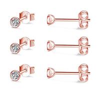 CERSLIMO Silver Stud Earrings for Women Men Girls, 3 Pairs Sterling Silver Tiny Round Stud Earrings Small Dainty Cartilage Tragus Cubic Zirconia Earrings Set (3mm, Rose Gold)