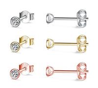 CERSLIMO Silver Stud Earrings for Women Men Girls, 3 Pairs Sterling Silver Tiny Round Stud Earrings Small Dainty Cartilage Tragus Cubic Zirconia Earrings Set (3mm, Silver/Gold/Rose Gold)