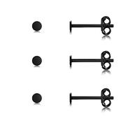 CERSLIMO Sterling Silver Stud Earrings for Girls Women, 3 Pairs Tiny Flat Dot Black Earrings | Small Hypoallergenic Earrings, Tragus Cartilage Helix Sleeper Earrings Jewellery Gifts, 2mm/3mm/4mm