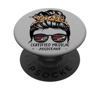 Certified Medical Assistant Messy Bun Hair Funny Leopard CMA PopSockets Adhesive PopGrip