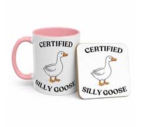Certified Silly Goose Mug, Funny Goose Gift for Him or Her, Cute Meme Coffee Cup, Novelty Gag Birthday Present (Pink 11oz, Mug & Coaster Set)