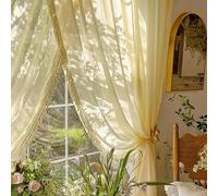 CERTNKI Elegant Yellow Sheer Curtains with Tassel Trim - Light Filtering Voile Drapes for Bedroom & Living Room,Eyelet,H250xB200cm