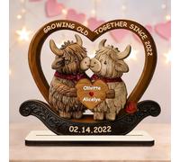 Certykllp Personalized Growing Old Together 2D Printing Highland Cow Couple Plaque- Custom Couples Name & Date Wooden Statue Sign for Anniversary Valentine's Day Wedding Gift