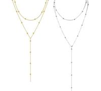 Cerulume 2 Pcs Long Gold Necklace, Layered Drop Necklace Gold and Silver, Dainty Layered Beaded Chain Drop Necklaces, Long Pendant Necklaces for Women, Fashion Jewelry Gift