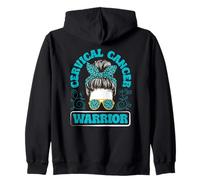 Cervical Cancer Warrior Messy Bun Leopard Teal Ribbon Zip Hoodie