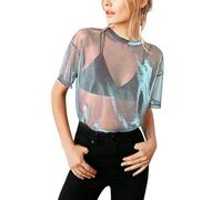 CERYIWER Womens See Through Shirts Short Sleeve Sexy Mesh Metallic Shiny Tops, Silver Pink, L