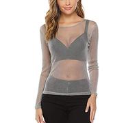 CERYIWER Women's Sexy See Through Shirts Long Sleeve Glitter Mesh Sheer Metallic Shiny Tops Blouse - silver - Small