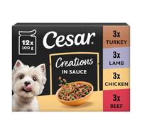 Cesar Creations 100g Adult Pouch 4x12-pack with Beef Chunks & Carrots in Gravy/Chicken & Peas/Lamb & Vegetables/Turkey & Carrots in Tomato Sauce (Pack of 4)