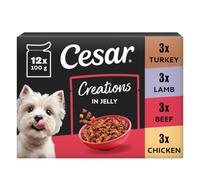Cesar Creations 48 x 100g Adult Pouch 4 x 12-pack with Chicken Chunks & Peas in Jelly/Beef & Carrots/Lamb & Vegetables/Turkey & Carrots in Tomato Jelly