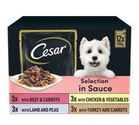 CESAR Pouch Selection in Sauce, Fresh Adult Wet Dog Food Pouches in Delicious Sauce with Succulent Meats and Vegetables, 48 x 100 g