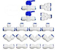 CESFONJER 16 PCS RO Water Filter Fitting, 3/8'' Push fit Connectors for Water Pipe, Push in to Connect Water Tube Fitting Set (Y+T+I+L Type Combo + Shut-Off Valve)