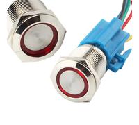 CESFONJER Metal Latching Pushbutton Switch, Waterproof Toggle Switch with Wire Socket Plug, Silver Stainless Steel with Red LED Ring Suitable for 19mm 3/4" Mounting Hole 12V Power (Red)