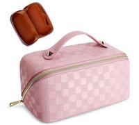 Cessfle Travel Makeup Bag, Checkered Makeup Bag Large Capacity Cosmetic Bag, Parallel Makeup Bag Large Makeup Bags for Women with Handle and Divider, 05-Pink, Travel Makeup Bag